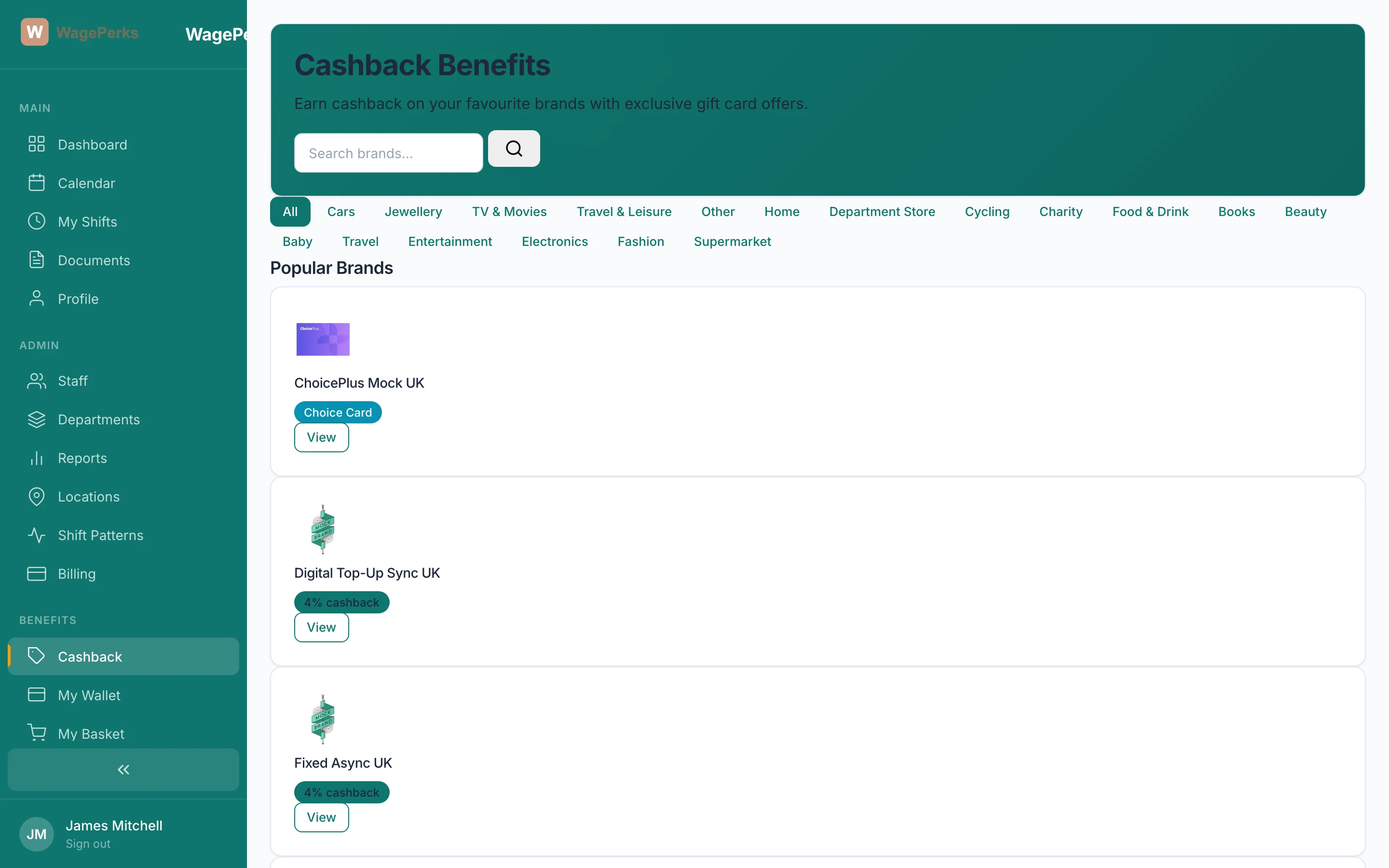WagePerks benefits marketplace showing brand discounts, cashback wallet balance, and recent orders