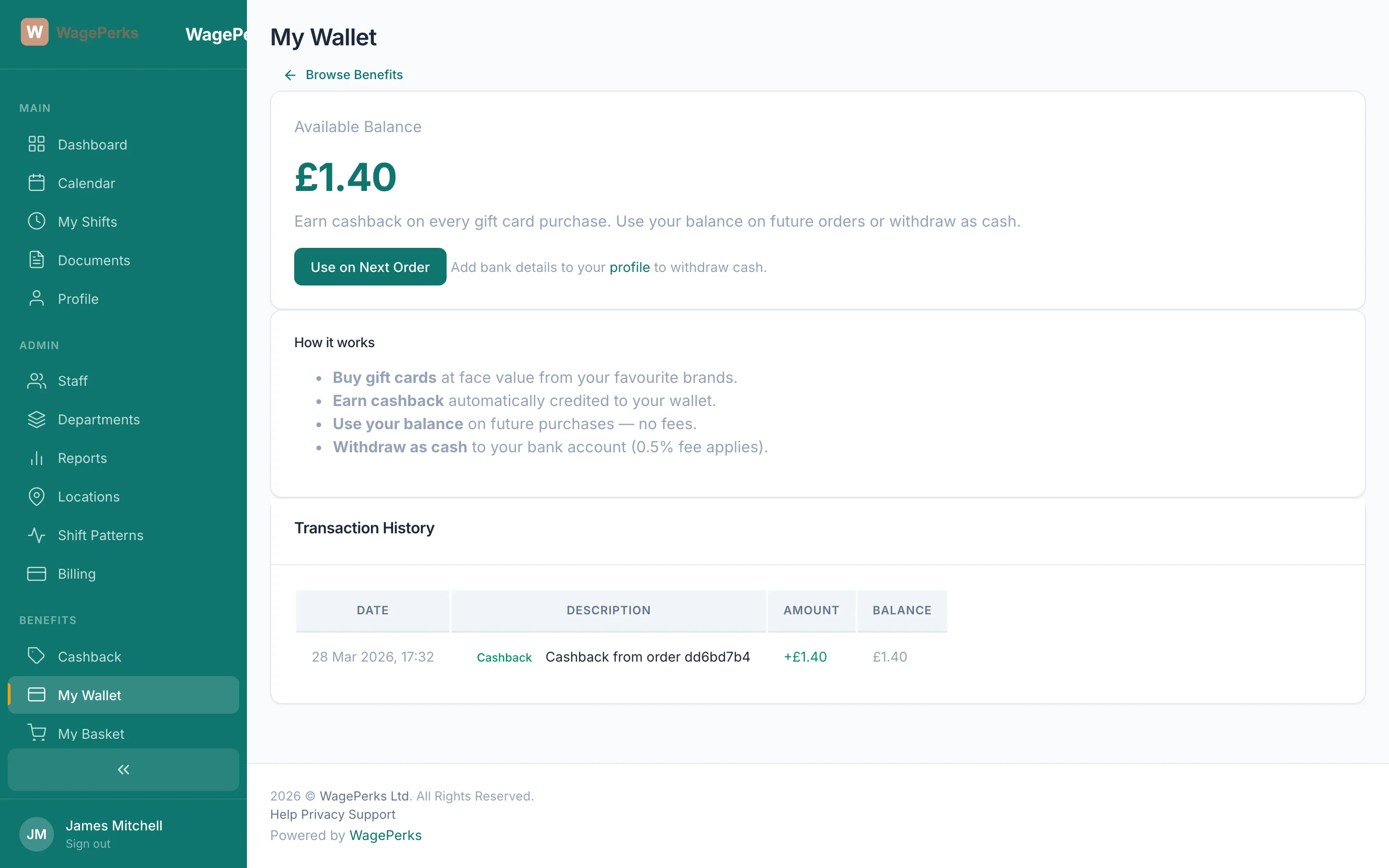 WagePerks employee dashboard showing cashback wallet, GP booking, and counselling history